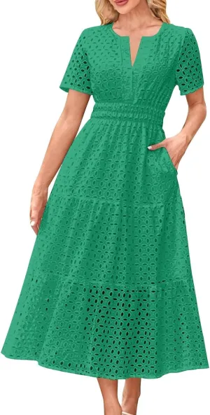 JOAU Women's 2025 Summer Short Sleeve Maxi Dress Casual V Neck Hollow Out Eyelet Tiered Ruffle Swing A Line Long Dresses