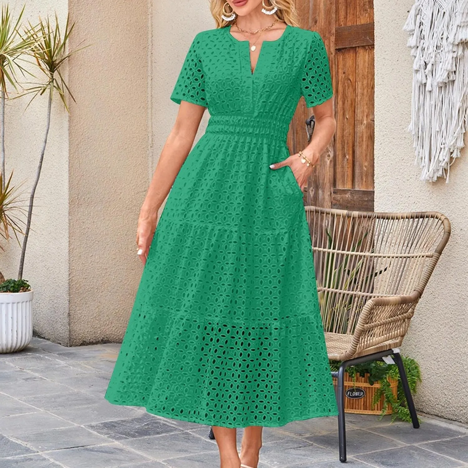 JOAU Women's 2025 Summer Short Sleeve Maxi Dress Casual V Neck Hollow Out Eyelet Tiered Ruffle Swing A Line Long Dresses