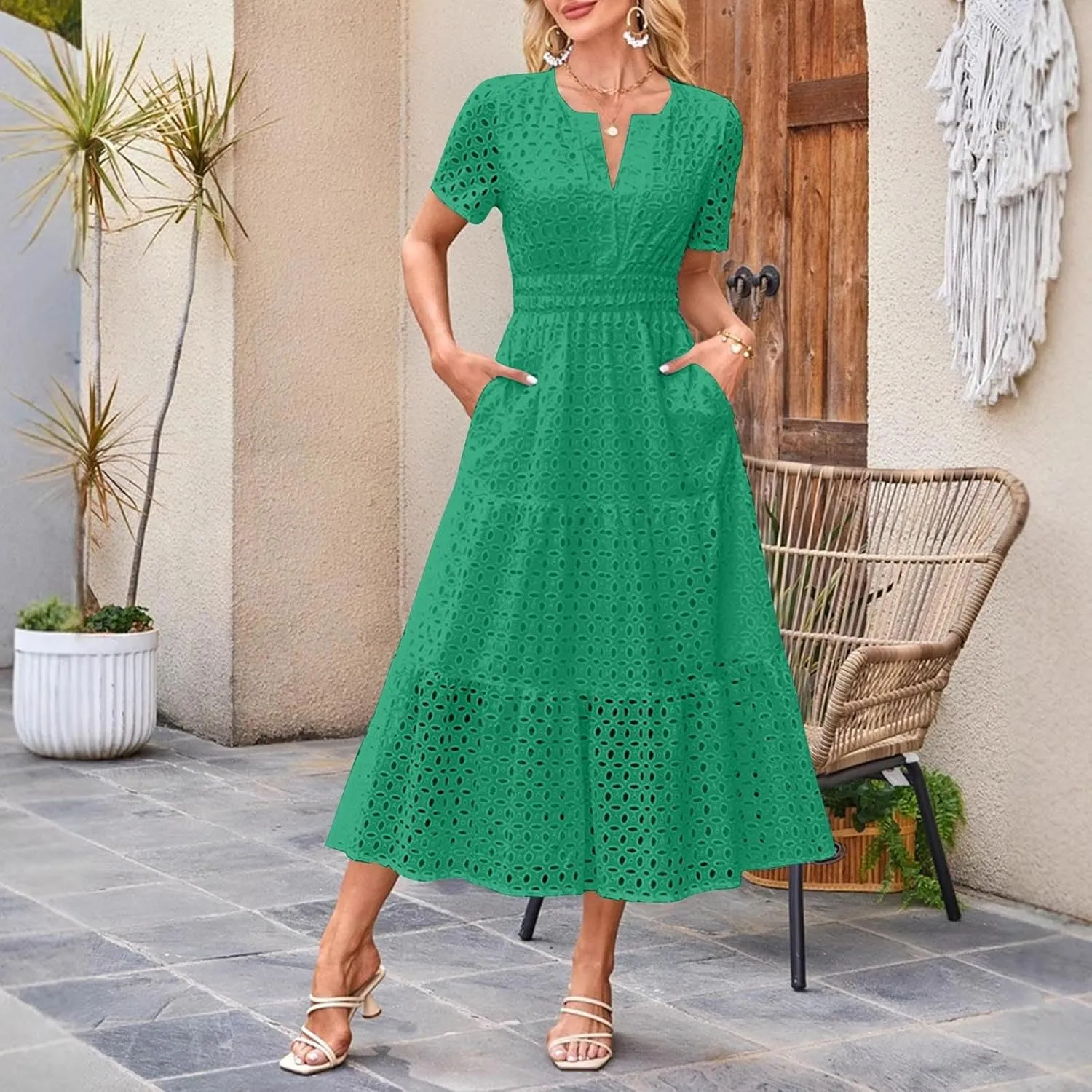 JOAU Women's 2025 Summer Short Sleeve Maxi Dress Casual V Neck Hollow Out Eyelet Tiered Ruffle Swing A Line Long Dresses