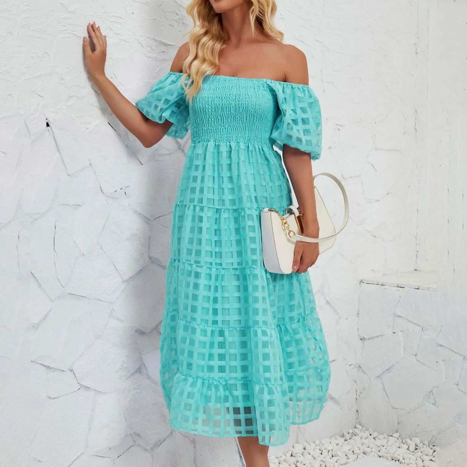 JOAU Women's Summer Off Shoulder Smocked Beach Dress Square Neck Puff Short Sleeve Swing Tiered Layered Ruffle Midi Dresses
