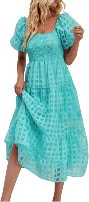 JOAU Women's Summer Off Shoulder Smocked Beach Dress Square Neck Puff Short Sleeve Swing Tiered Layered Ruffle Midi Dresses