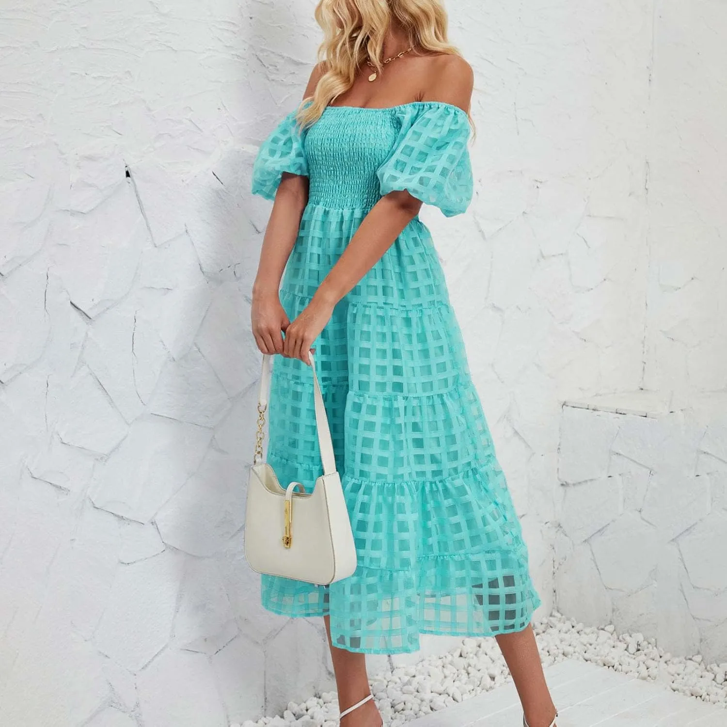 JOAU Women's Summer Off Shoulder Smocked Beach Dress Square Neck Puff Short Sleeve Swing Tiered Layered Ruffle Midi Dresses