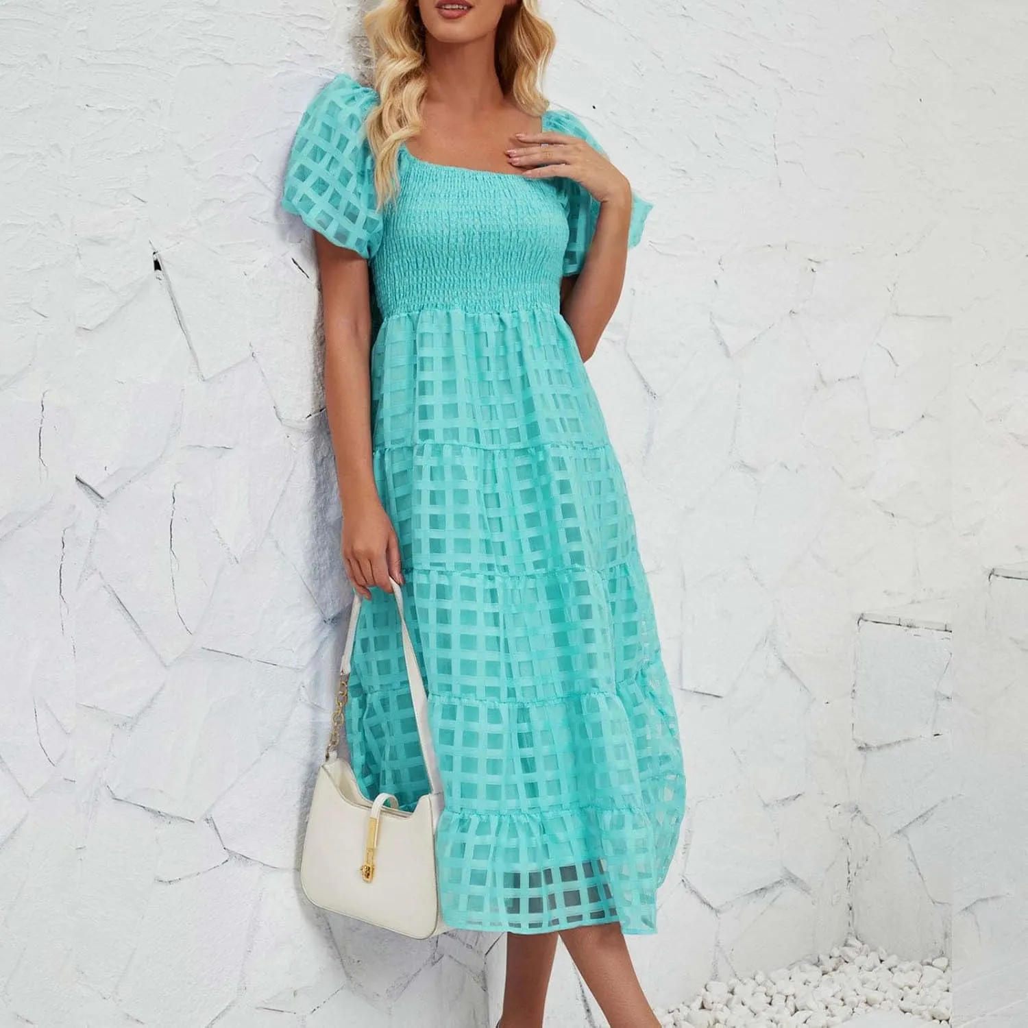 JOAU Women's Summer Off Shoulder Smocked Beach Dress Square Neck Puff Short Sleeve Swing Tiered Layered Ruffle Midi Dresses