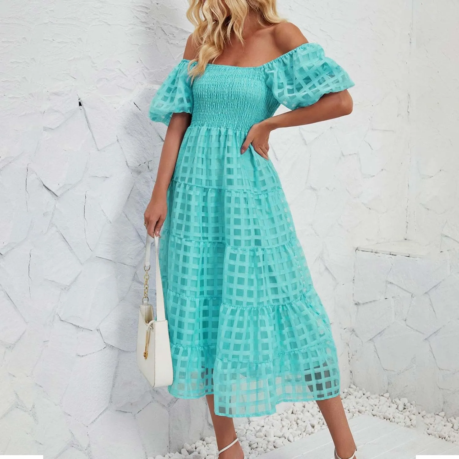 JOAU Women's Summer Off Shoulder Smocked Beach Dress Square Neck Puff Short Sleeve Swing Tiered Layered Ruffle Midi Dresses