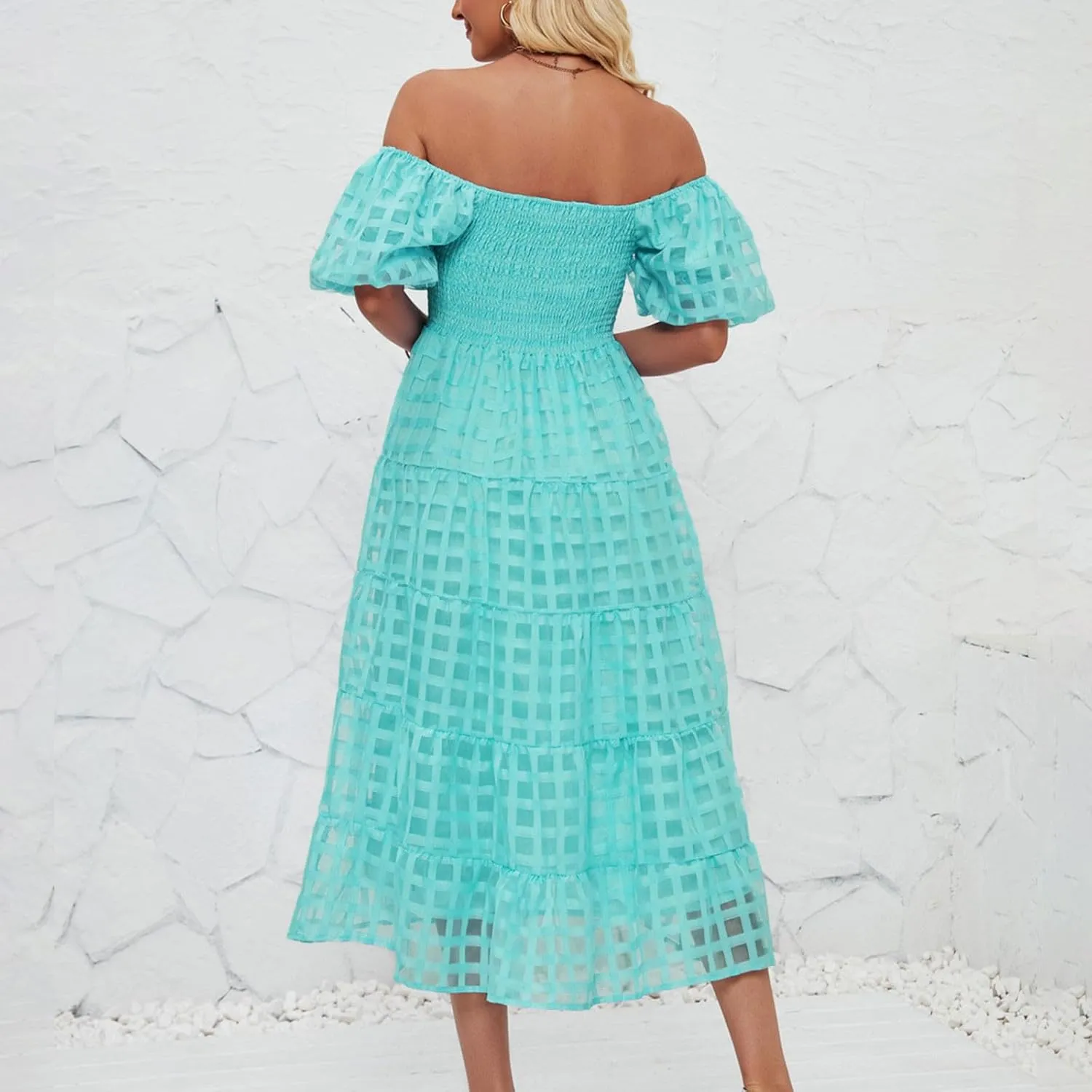 JOAU Women's Summer Off Shoulder Smocked Beach Dress Square Neck Puff Short Sleeve Swing Tiered Layered Ruffle Midi Dresses