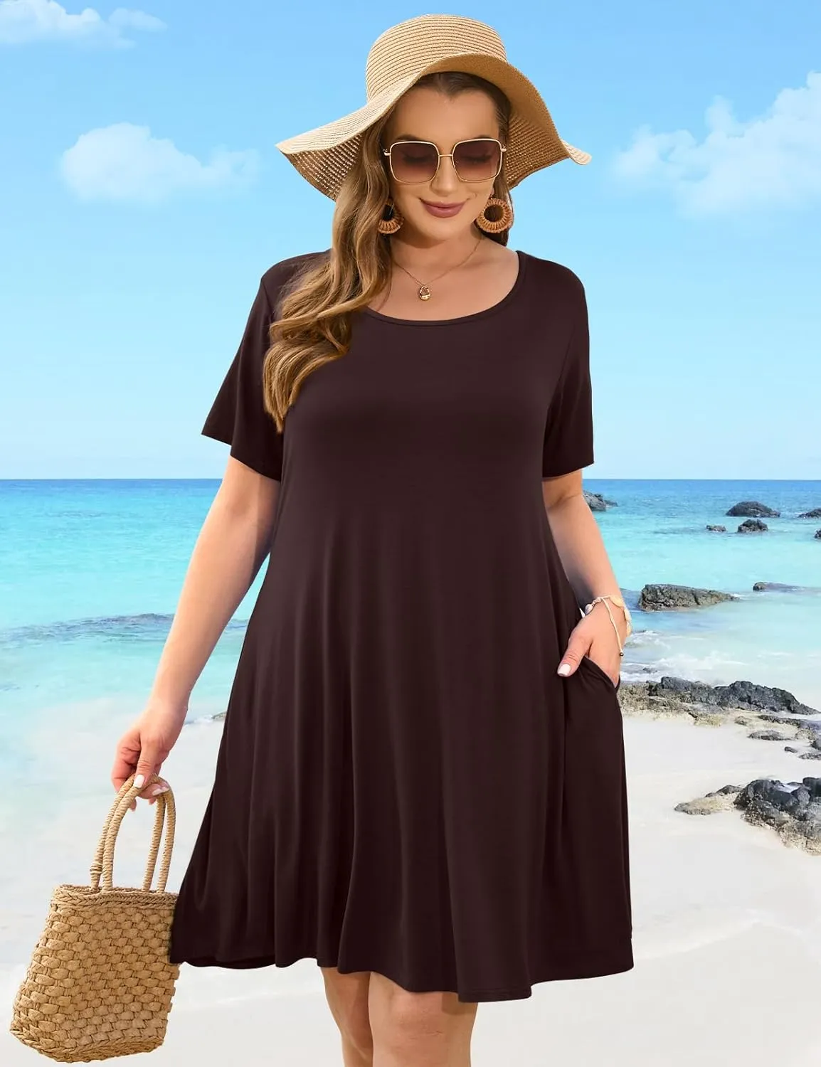 JollieLovin Plus Size Summer T-Shirt Casual Dresses for Curvy Women Flowy Swing