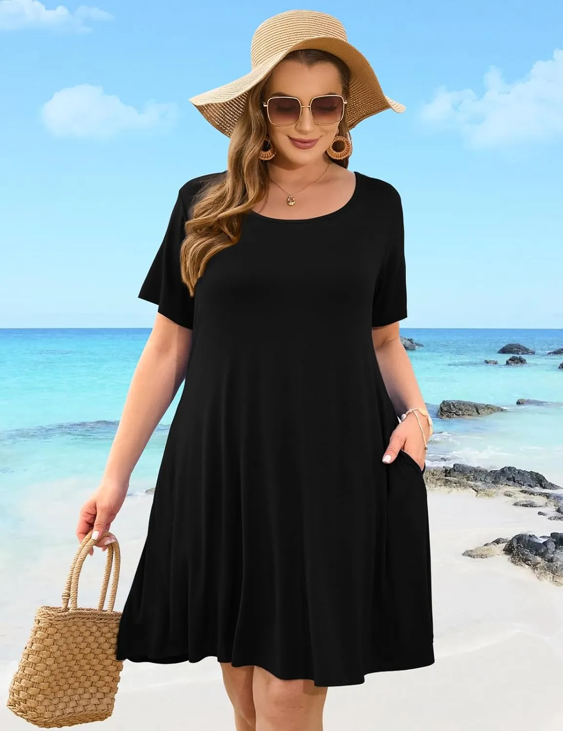 JollieLovin Plus Size Summer T-Shirt Casual Dresses for Curvy Women Flowy Swing
