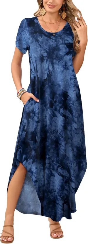 JollieLovin Womens Plus Size Casual Summer Maxi Dress Short Sleeve Crew Neck T-Shirt Loose Beach Sundress