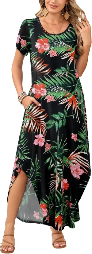 JollieLovin Womens Plus Size Casual Summer Maxi Dress Short Sleeve Crew Neck T-Shirt Loose Beach Sundress