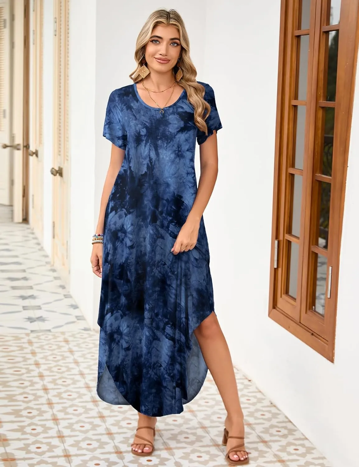 JollieLovin Womens Plus Size Casual Summer Maxi Dress Short Sleeve Crew Neck T-Shirt Loose Beach Sundress