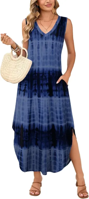 JollieLovin Womens Plus Size Casual Summer Maxi Long Dress 2025 Sleeveless V Neck T-Shirt Loose Sun Dress