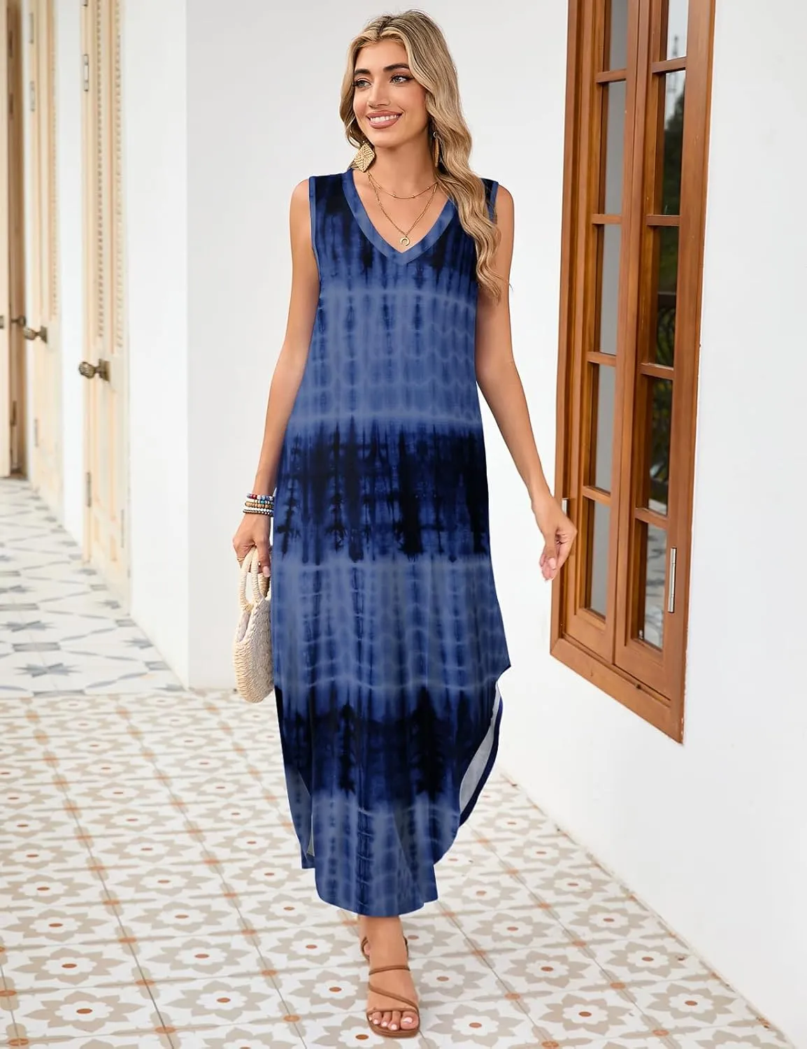 JollieLovin Womens Plus Size Casual Summer Maxi Long Dress 2025 Sleeveless V Neck T-Shirt Loose Sun Dress
