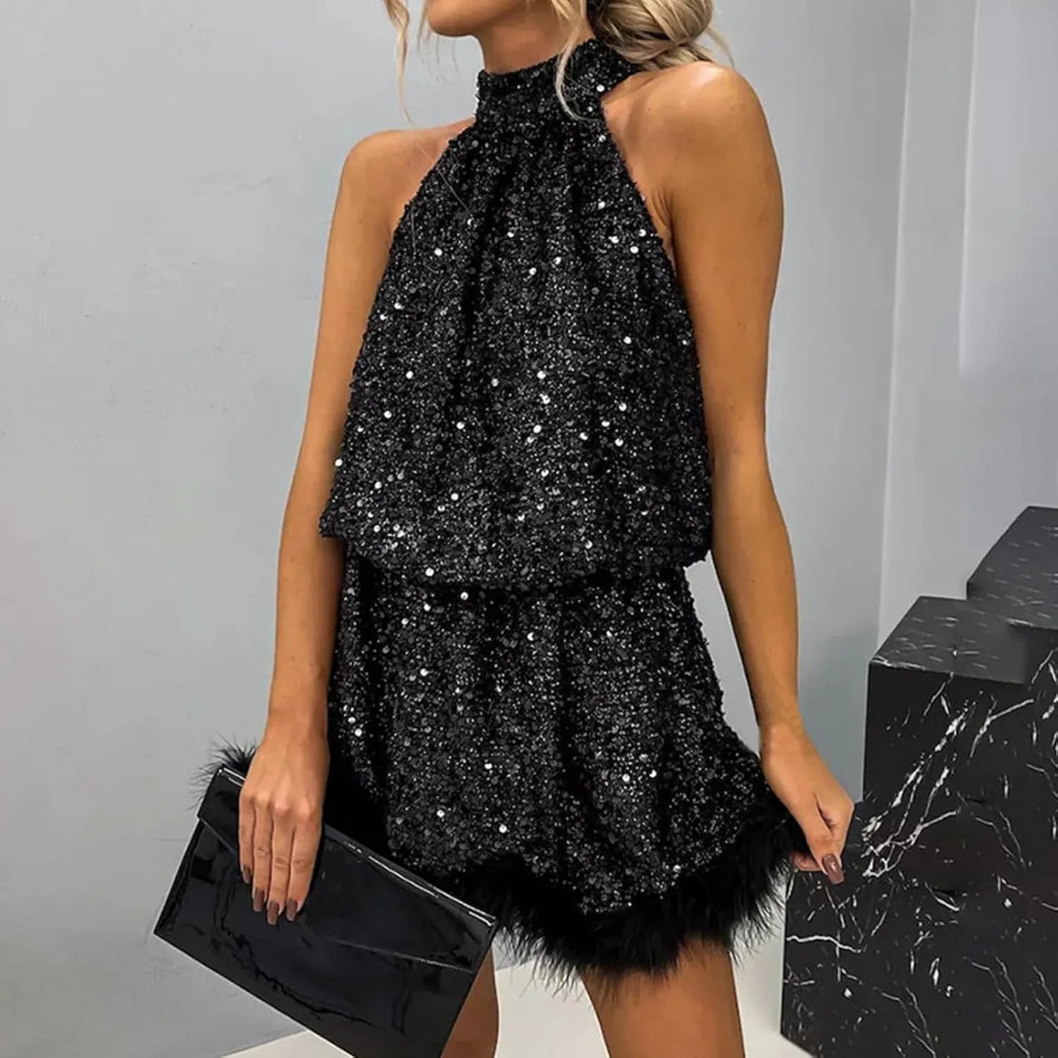 jsaierl Women Halter Neck Sequin Dress Fall Winter Festival Cocktail Party Evening Dress Sparkly Fur Trim Dresses Clubwear