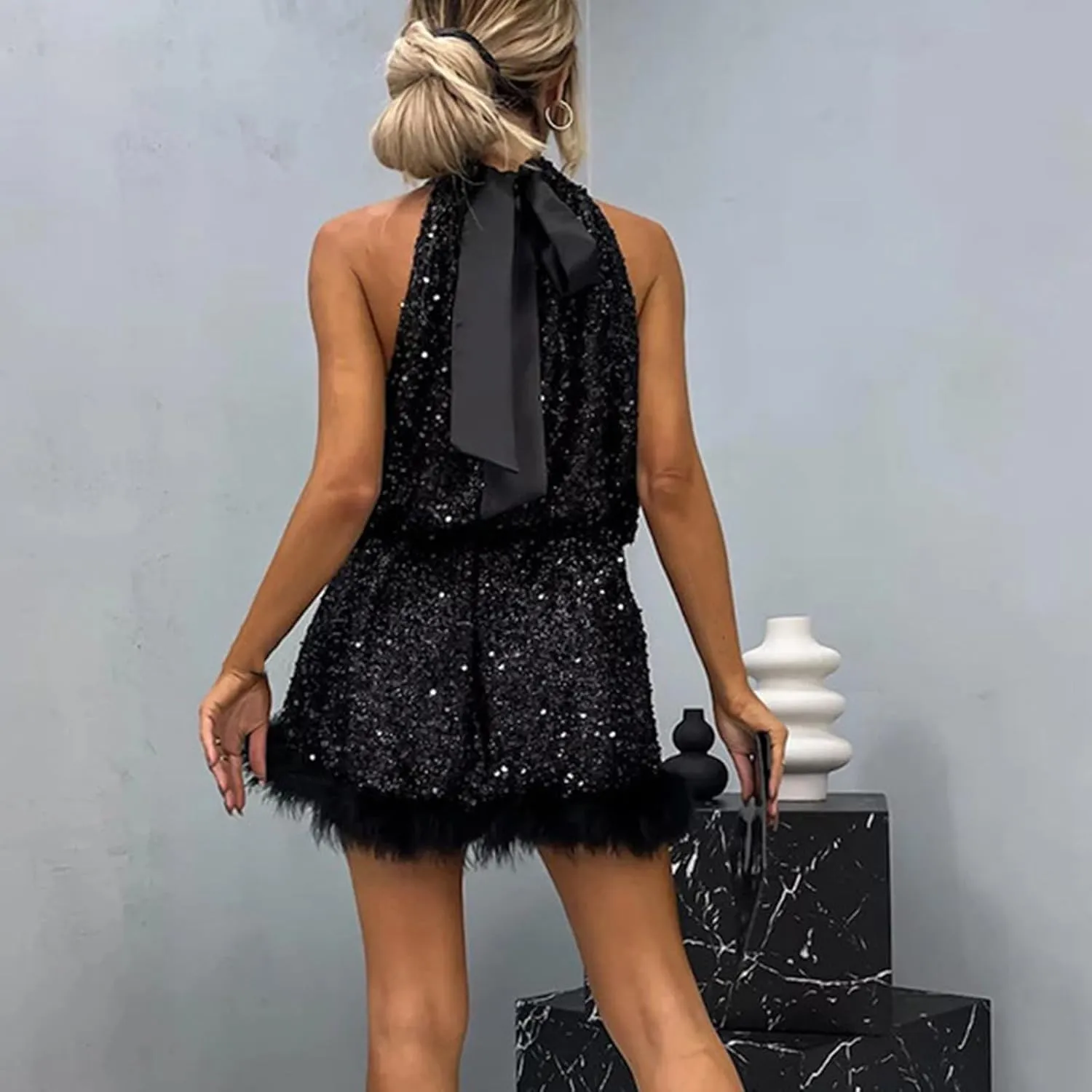 jsaierl Women Halter Neck Sequin Dress Fall Winter Festival Cocktail Party Evening Dress Sparkly Fur Trim Dresses Clubwear