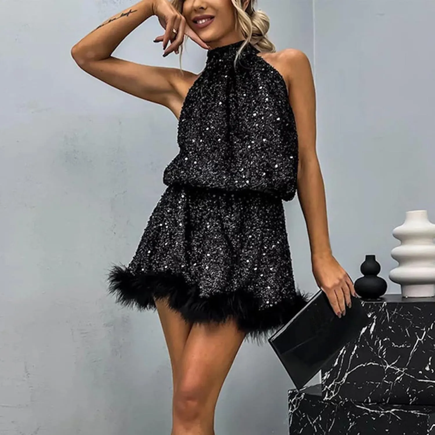 jsaierl Women Halter Neck Sequin Dress Fall Winter Festival Cocktail Party Evening Dress Sparkly Fur Trim Dresses Clubwear