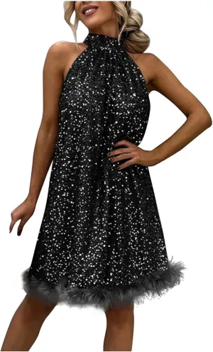 jsaierl Women Halter Neck Sequin Dress Fall Winter Festival Cocktail Party Evening Dress Sparkly Fur Trim Dresses Clubwear