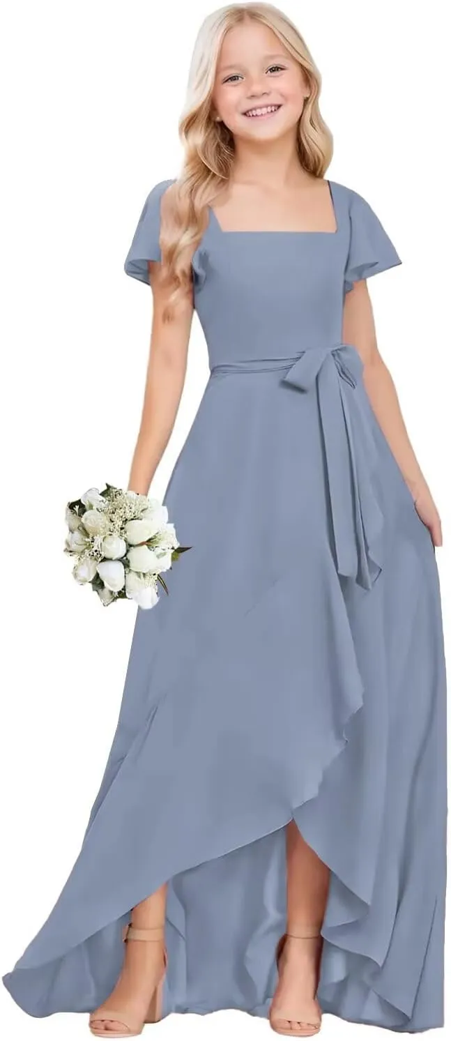 Junior Bridesmaid Dresses Chiffon Flutter Sleeve Flower Girl Dress for Wedding Square Neck Formal Gown for Girls