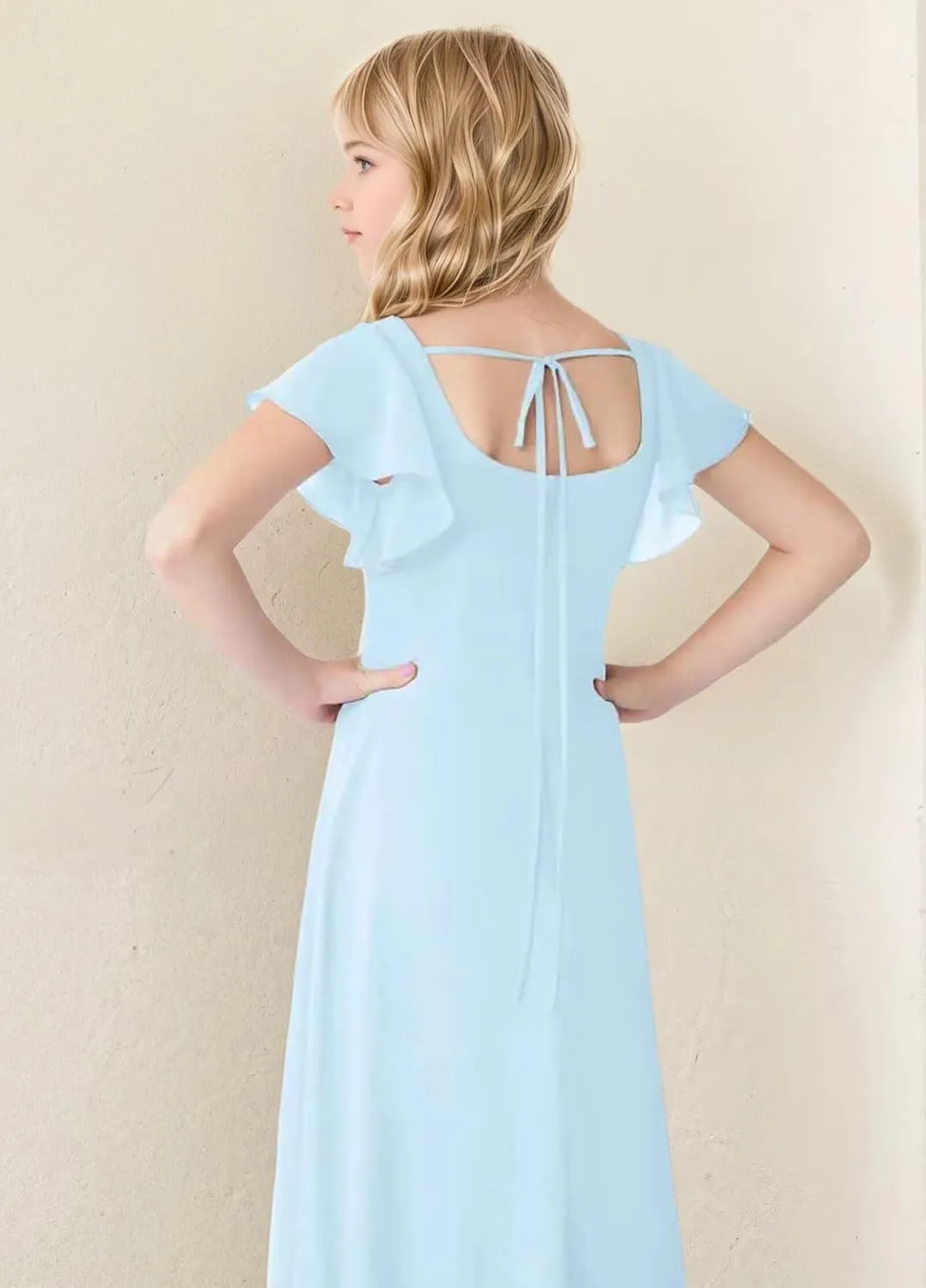 Junior Bridesmaid Dresses Chiffon Flutter Sleeve Flower Girl Dress for Wedding Square Neck Formal Gown for Girls
