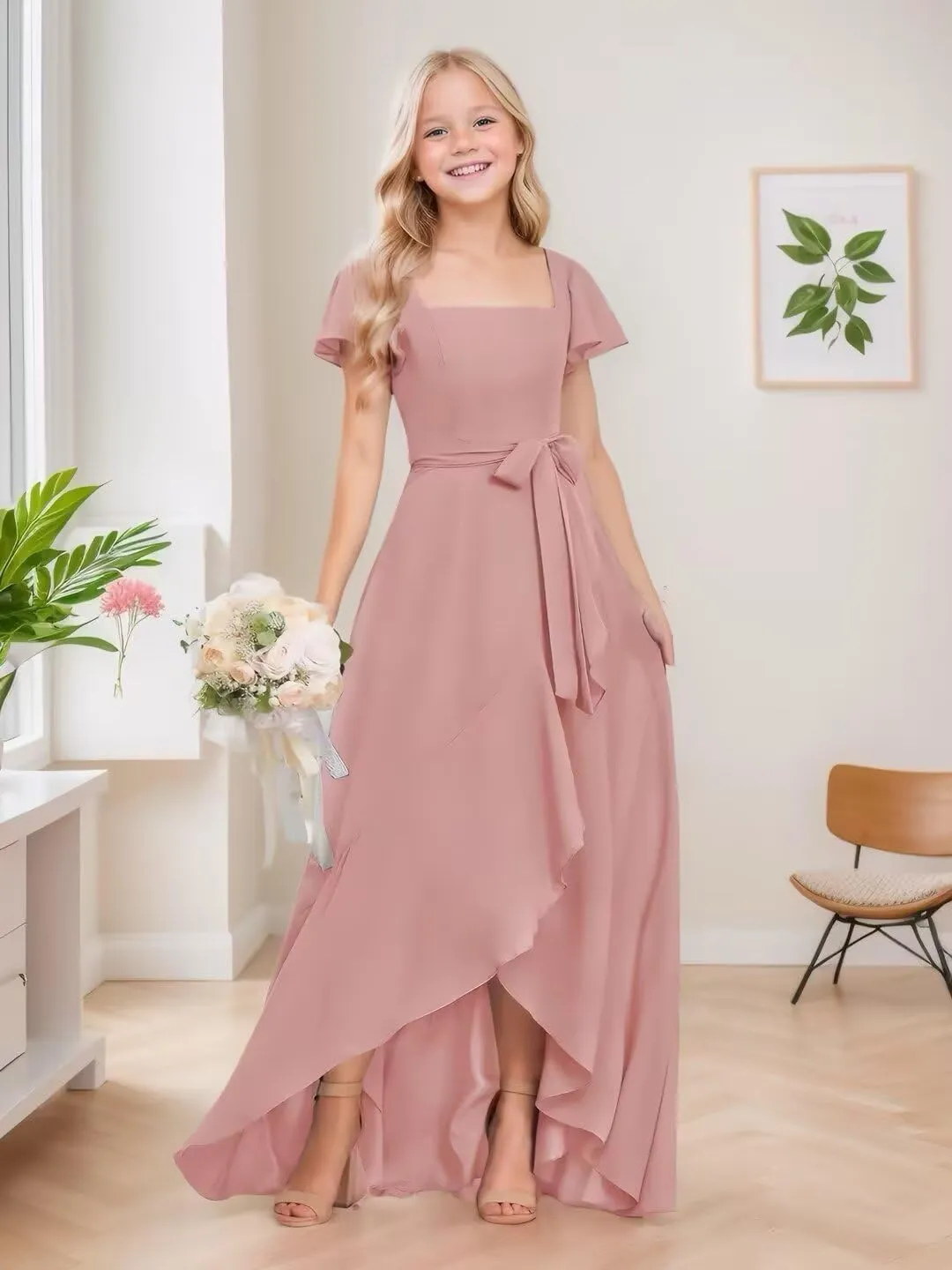 Junior Bridesmaid Dresses Chiffon Flutter Sleeve Flower Girl Dress for Wedding Square Neck Formal Gown for Girls