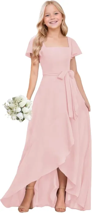 Junior Bridesmaid Dresses Chiffon Flutter Sleeve Flower Girl Dress for Wedding Square Neck Formal Gown for Girls