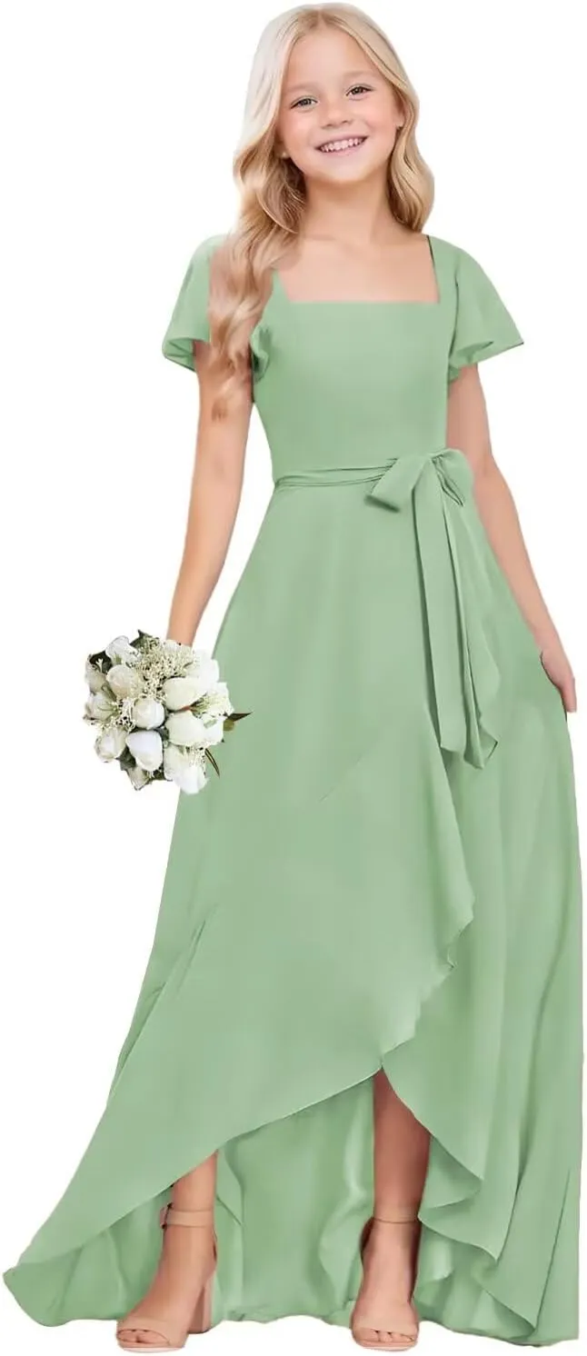 Junior Bridesmaid Dresses Chiffon Flutter Sleeve Flower Girl Dress for Wedding Square Neck Formal Gown for Girls