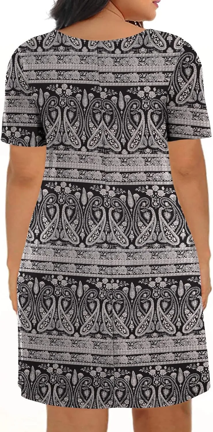 Kancystore Women Plus Size Dresses Short Sleeve Cold Shoulder Casual T-Shirt Swing Dress with Pockets