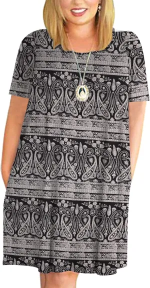 Kancystore Women Plus Size Dresses Short Sleeve Cold Shoulder Casual T-Shirt Swing Dress with Pockets