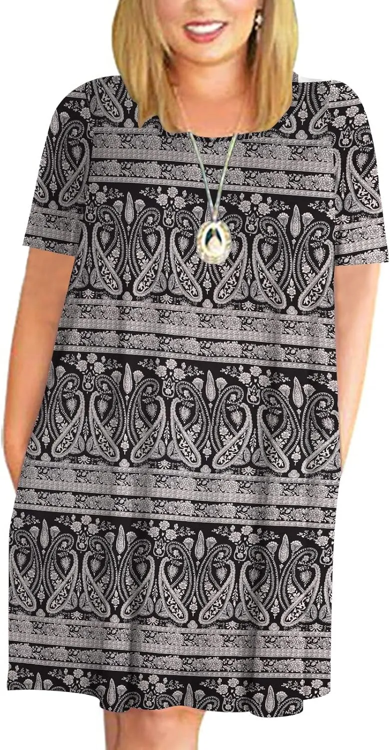 Kancystore Women Plus Size Dresses Short Sleeve Cold Shoulder Casual T-Shirt Swing Dress with Pockets