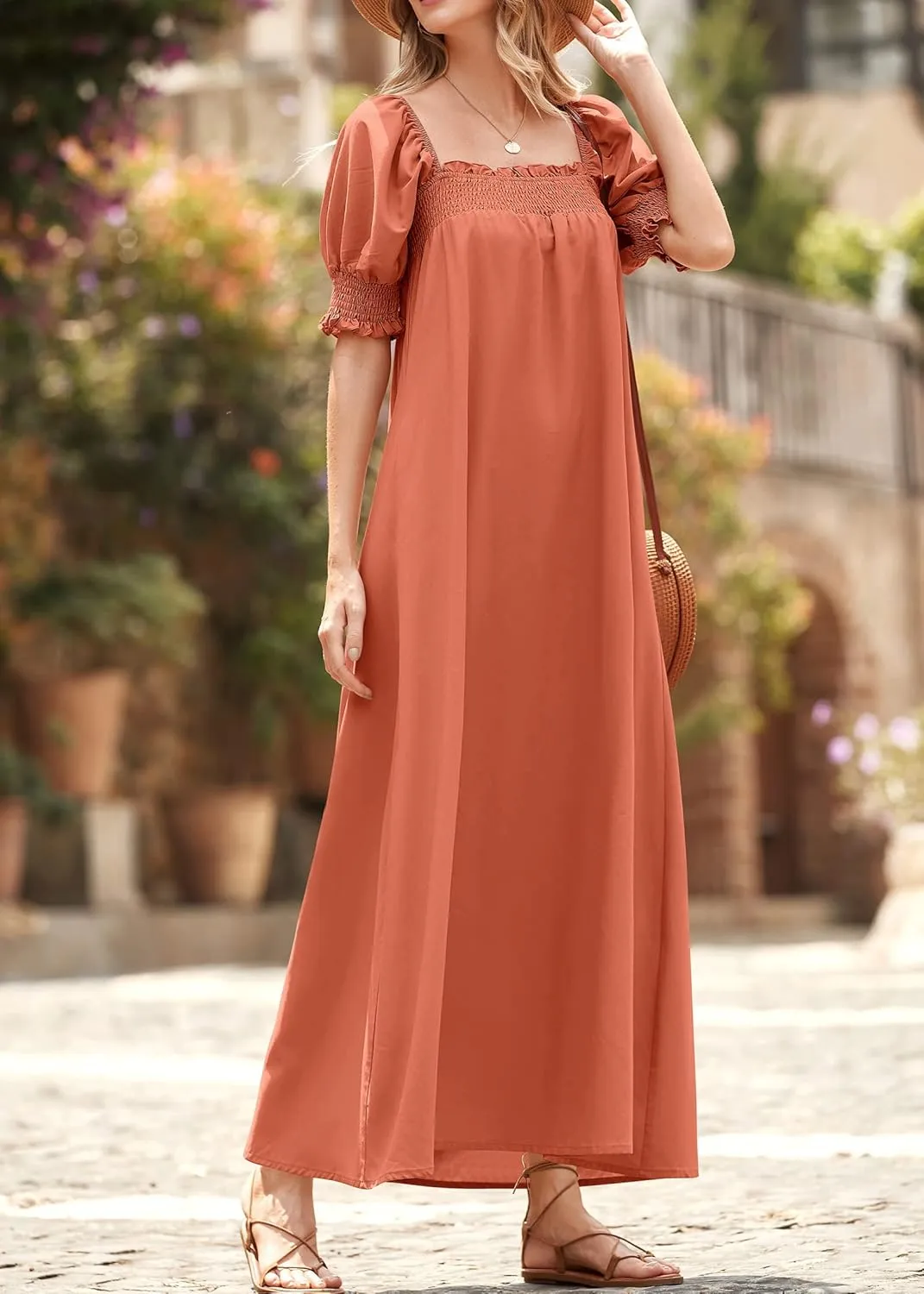 KIRUNDO Women 2025 Summer Maxi Dress Casual Loose Puff Sleeve Square Neck Maternity Flowy Long Beach Dresses with Pockets