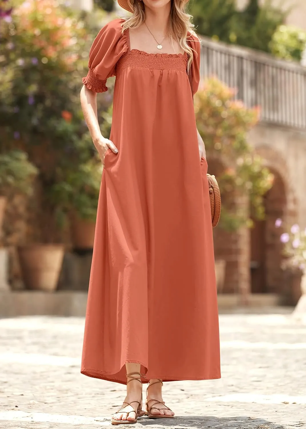 KIRUNDO Women 2025 Summer Maxi Dress Casual Loose Puff Sleeve Square Neck Maternity Flowy Long Beach Dresses with Pockets