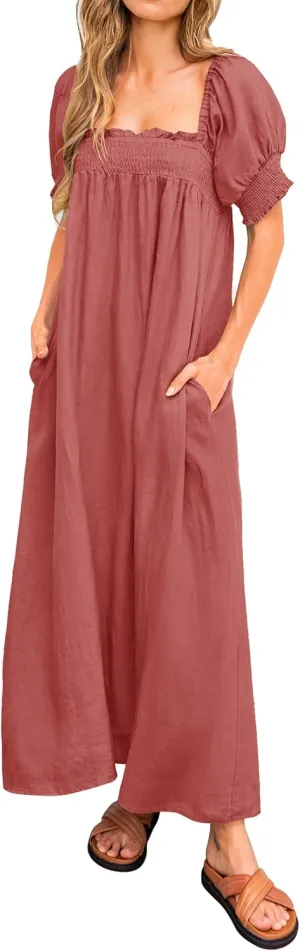 KIRUNDO Women 2025 Summer Maxi Dress Casual Loose Puff Sleeve Square Neck Maternity Flowy Long Beach Dresses with Pockets