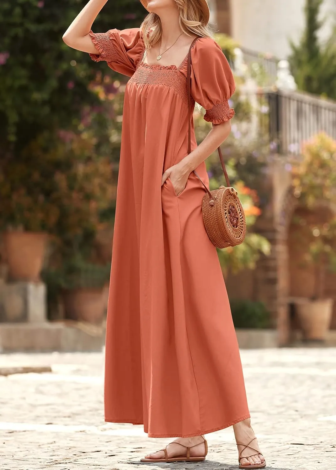 KIRUNDO Women 2025 Summer Maxi Dress Casual Loose Puff Sleeve Square Neck Maternity Flowy Long Beach Dresses with Pockets