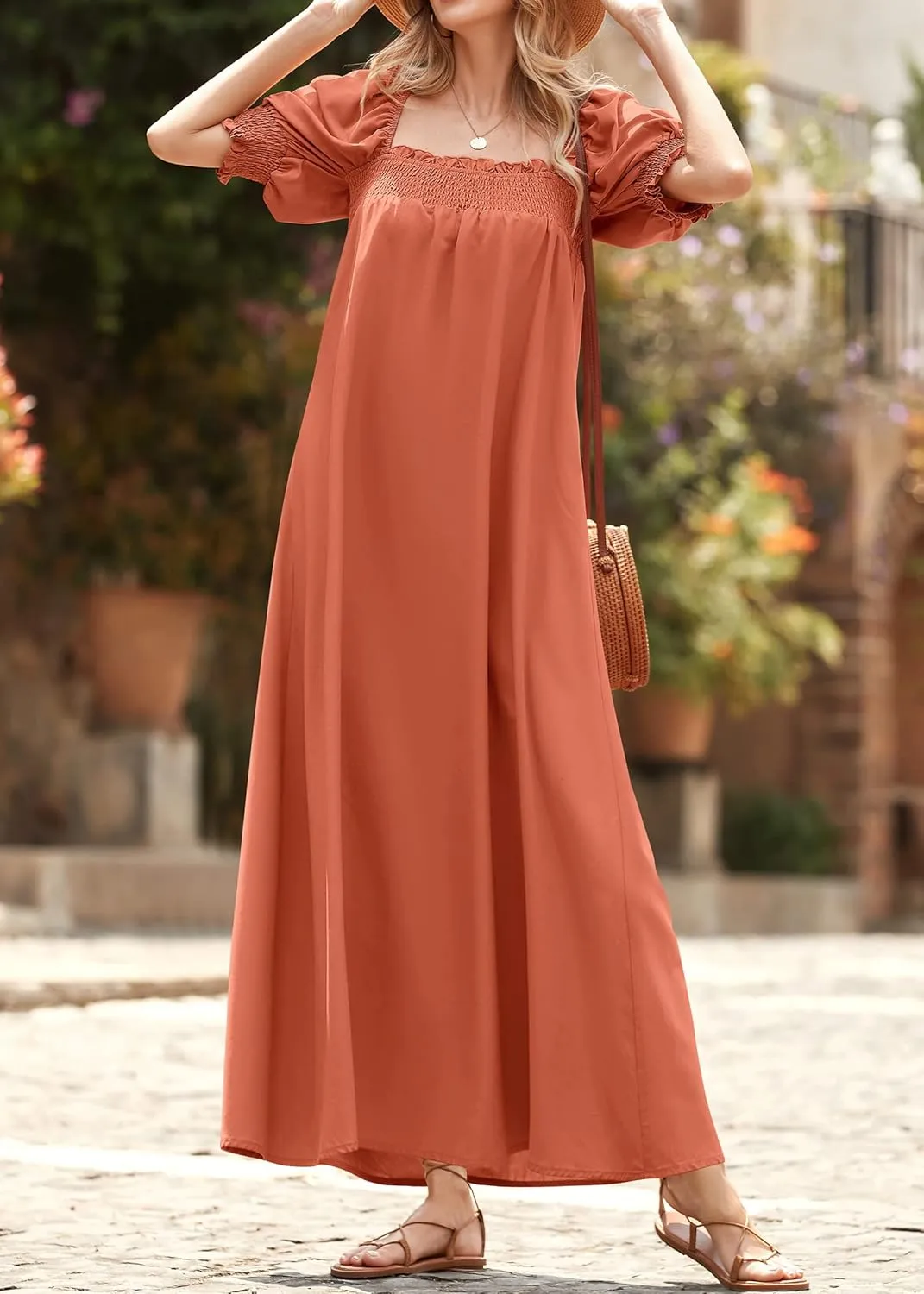 KIRUNDO Women 2025 Summer Maxi Dress Casual Loose Puff Sleeve Square Neck Maternity Flowy Long Beach Dresses with Pockets