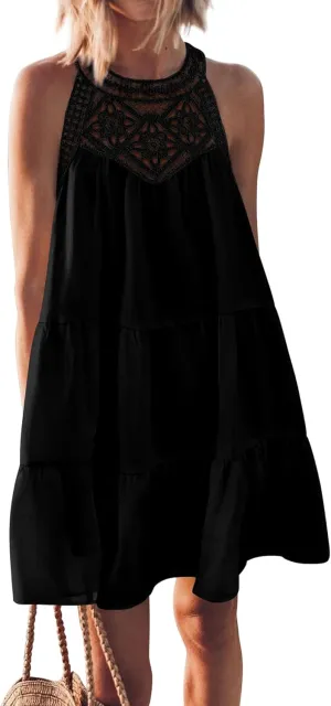 KIRUNDO Womens Summer Casual Sleeveless Halter Sundress 2025 Hollow Out Tiered Swing A Line Mini Beach Vacation Dresses