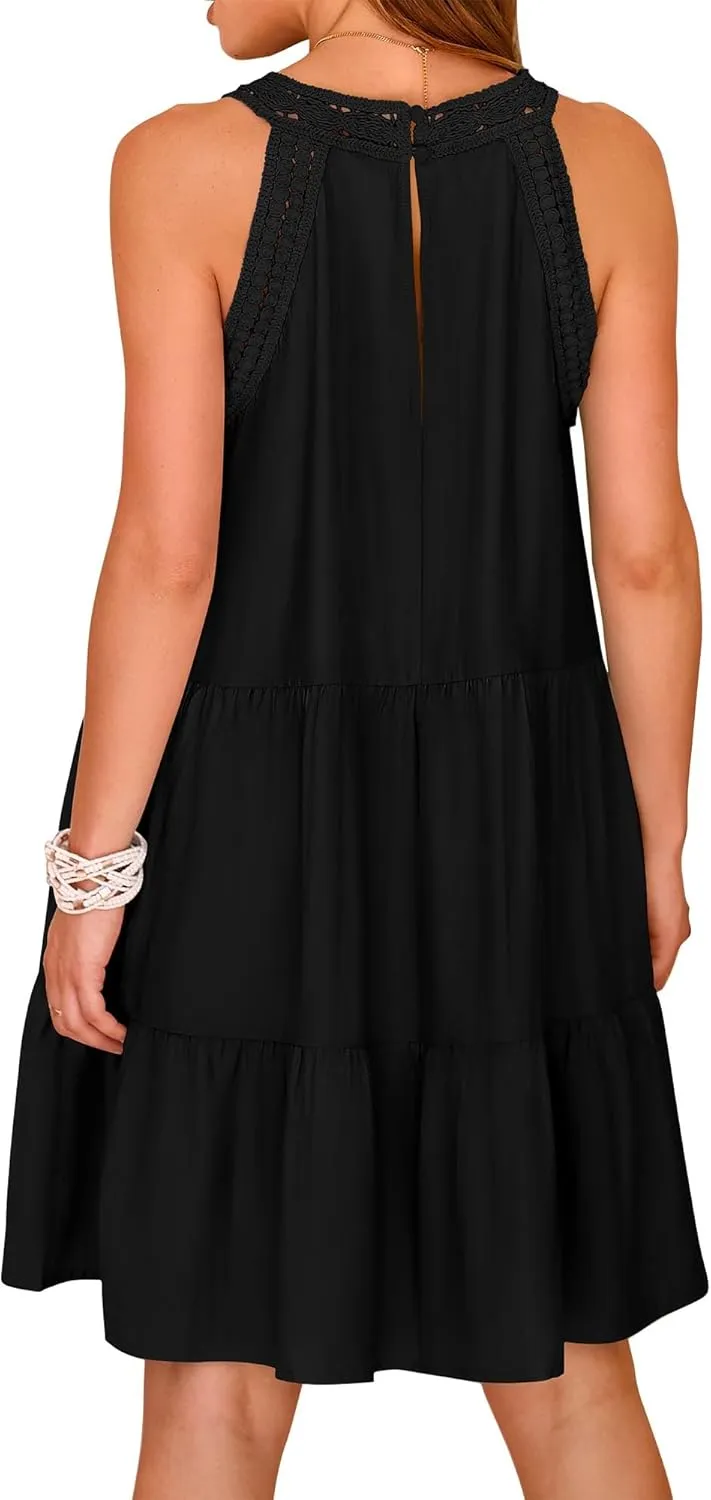 KIRUNDO Womens Summer Casual Sleeveless Halter Sundress 2025 Hollow Out Tiered Swing A Line Mini Beach Vacation Dresses