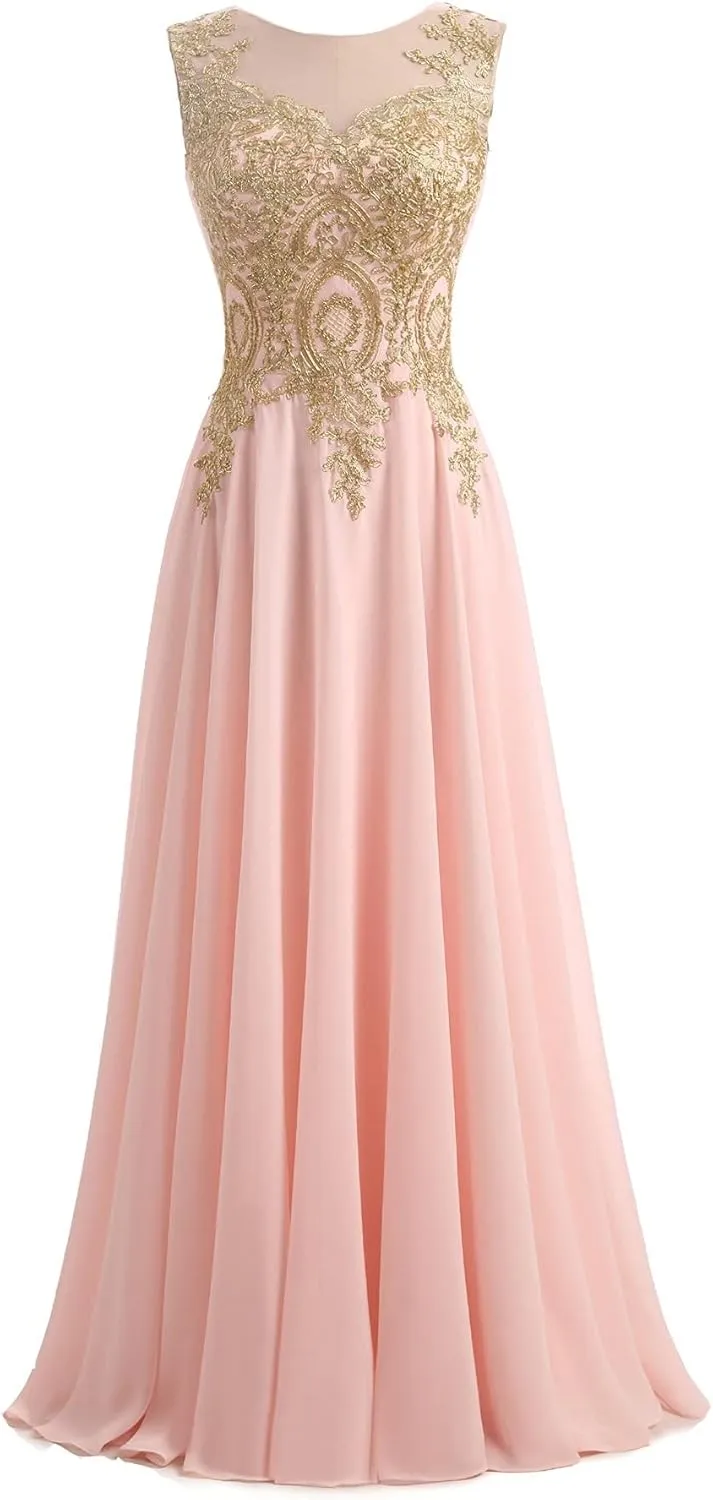 Kivary Gold Lace A Line Long Chiffon Women Formal Corset Prom Evening Dresses