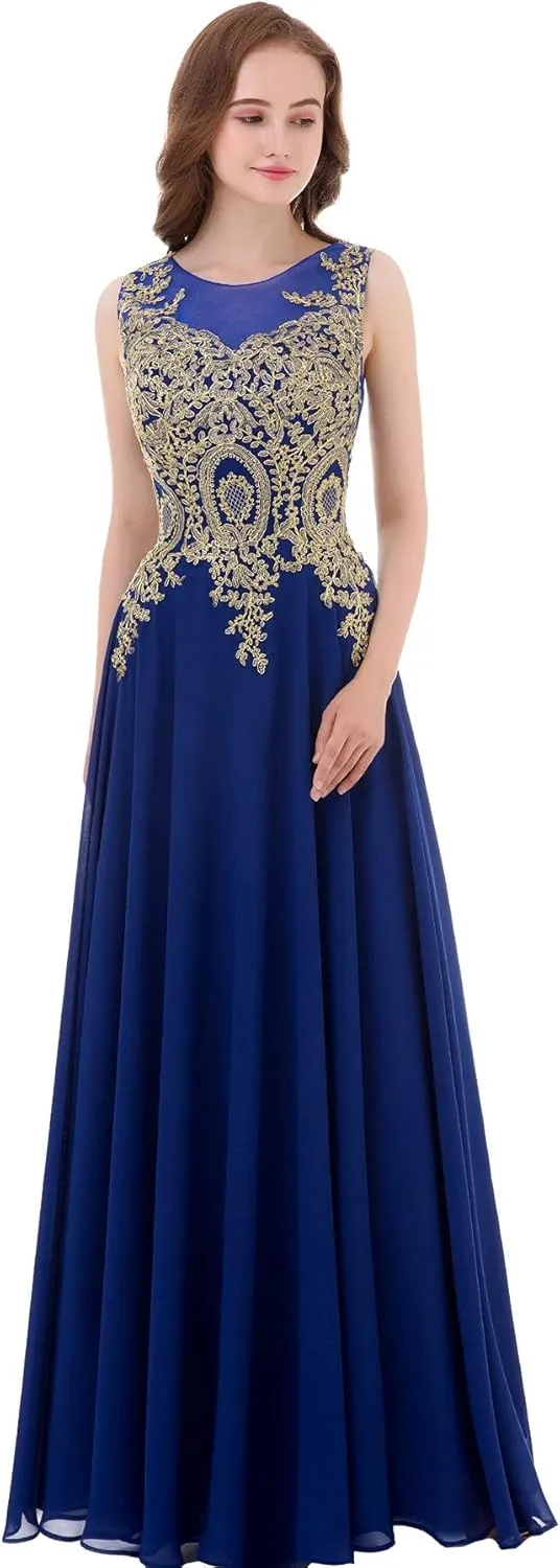 Kivary Gold Lace A Line Long Chiffon Women Formal Corset Prom Evening Dresses