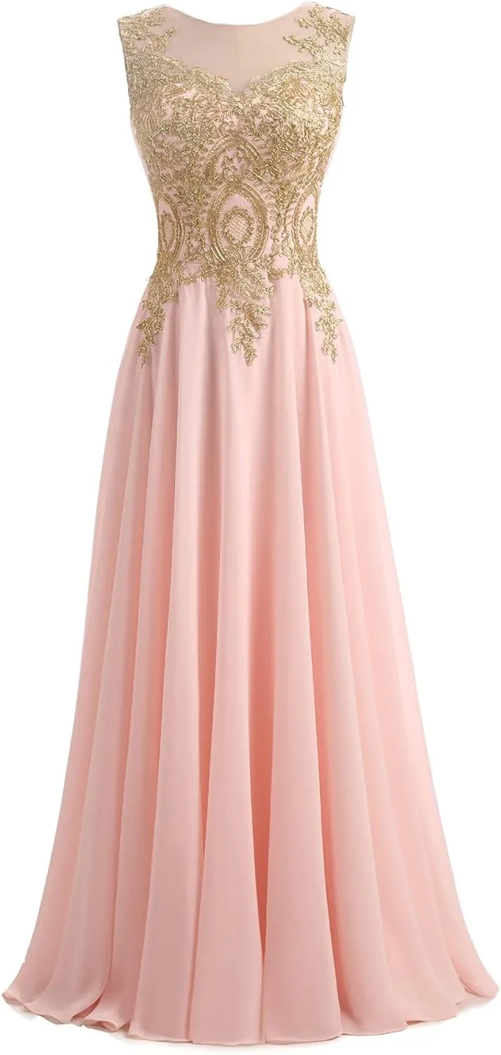 Kivary Gold Lace A Line Long Chiffon Women Formal Corset Prom Evening Dresses