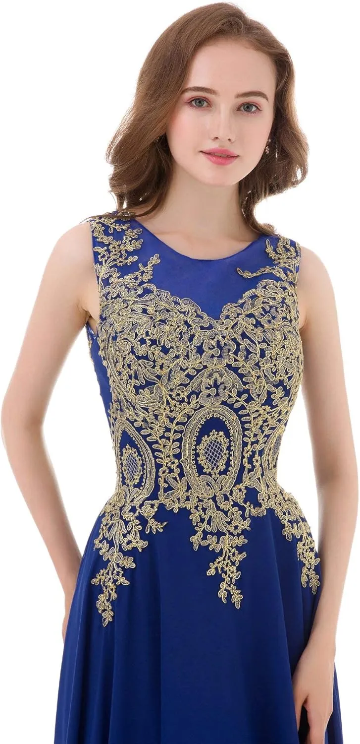 Kivary Gold Lace A Line Long Chiffon Women Formal Corset Prom Evening Dresses