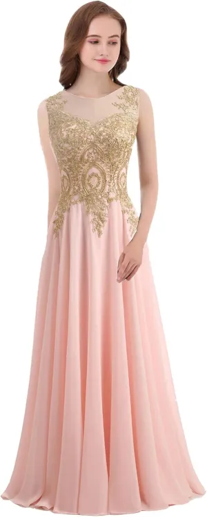 Kivary Gold Lace A Line Long Chiffon Women Formal Corset Prom Evening Dresses