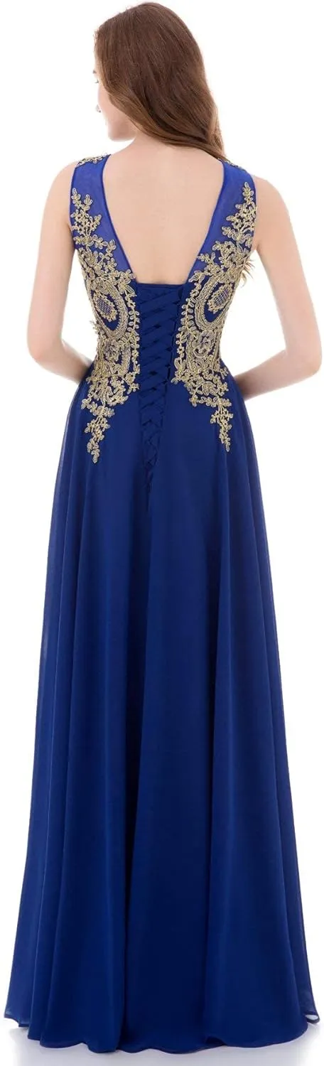 Kivary Gold Lace A Line Long Chiffon Women Formal Corset Prom Evening Dresses