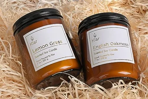 Klar Aromatherapy Scented Candle Gift Set - Lemon Grass & English Oakmoss | Each 200gm, 40 Hours Burn time | Soy Wax & Eco-Friendly, Perfect for Men and Women | Pack of 2