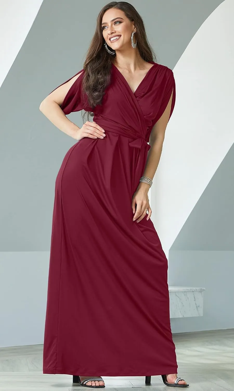 KOH KOH Formal Short Sleeve Cocktail Flowy V-Neck Gown