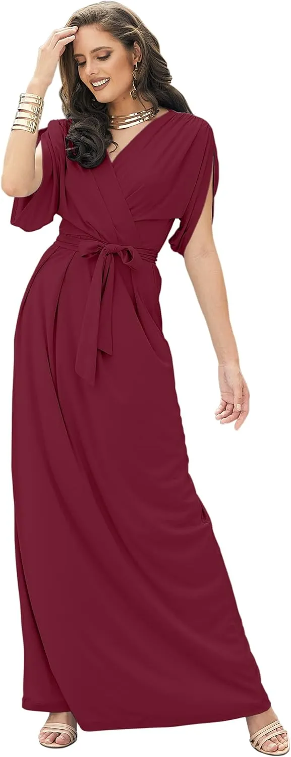 KOH KOH Formal Short Sleeve Cocktail Flowy V-Neck Gown
