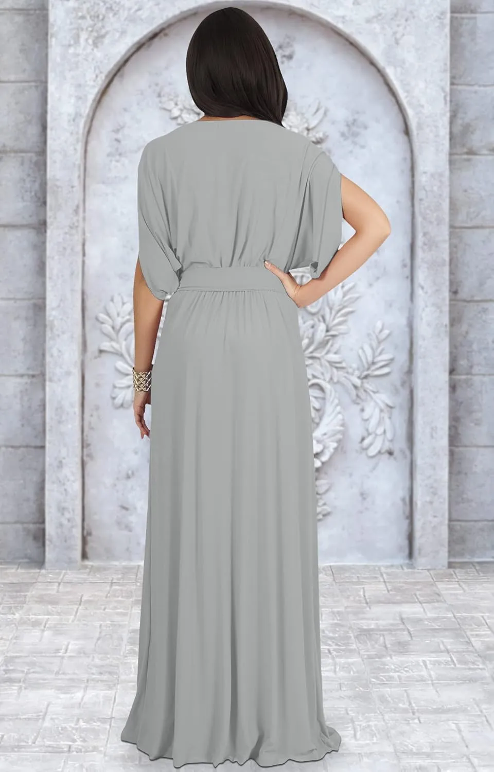KOH KOH Womens Long Semi-Formal Short Sleeve V-Neck Floor Length Maxi Dress Gown