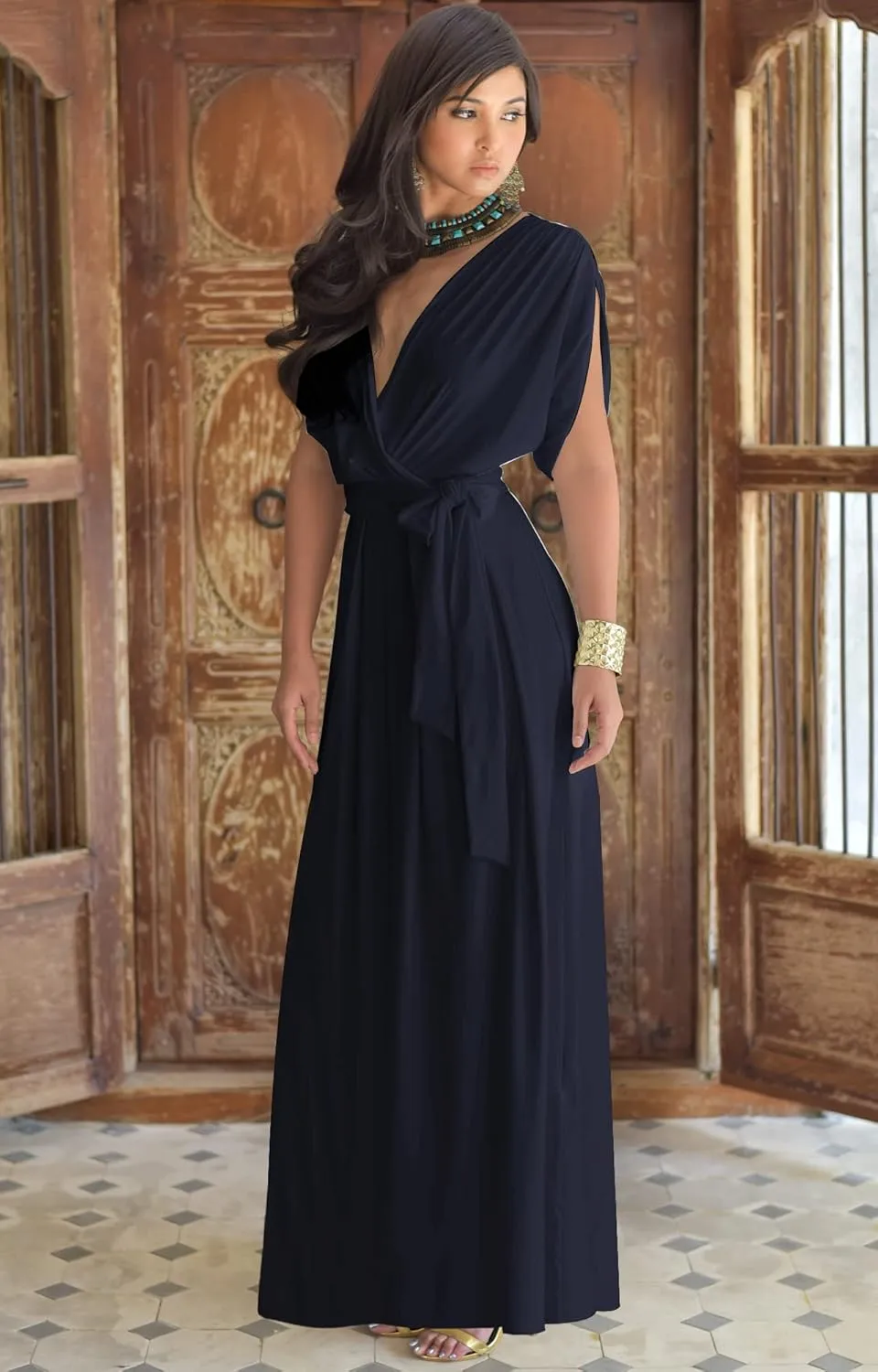 KOH KOH Womens Long Semi-Formal Short Sleeve V-Neck Floor Length Maxi Dress Gown