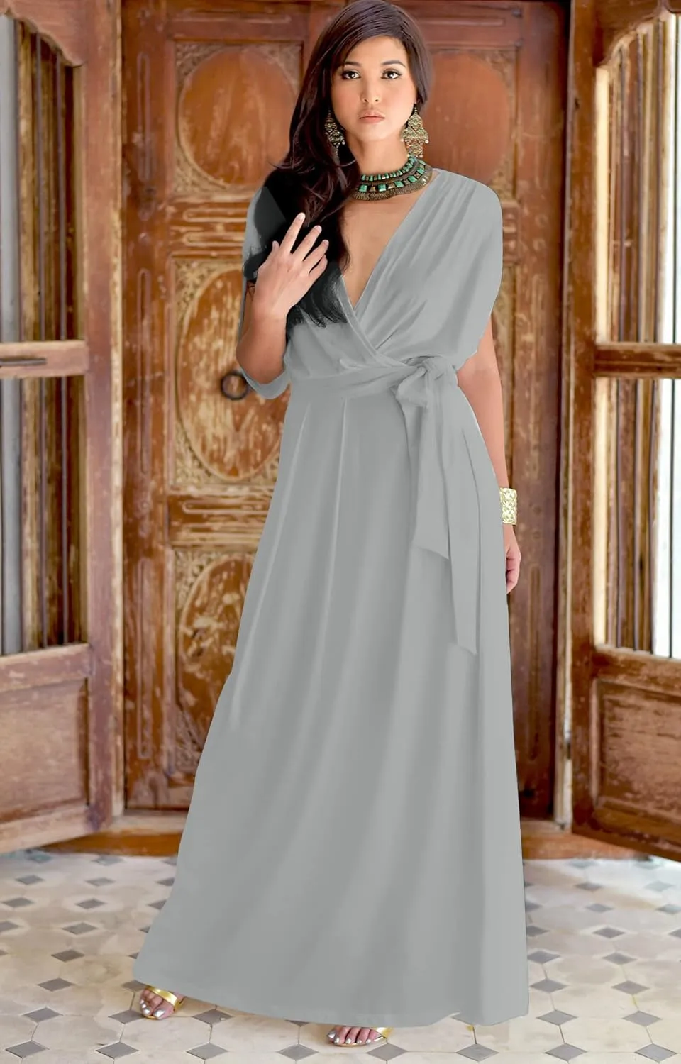 KOH KOH Womens Long Semi-Formal Short Sleeve V-Neck Floor Length Maxi Dress Gown