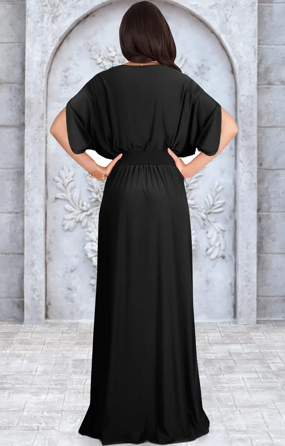 KOH KOH Womens Long Semi-Formal Short Sleeve V-Neck Floor Length Maxi Dress Gown