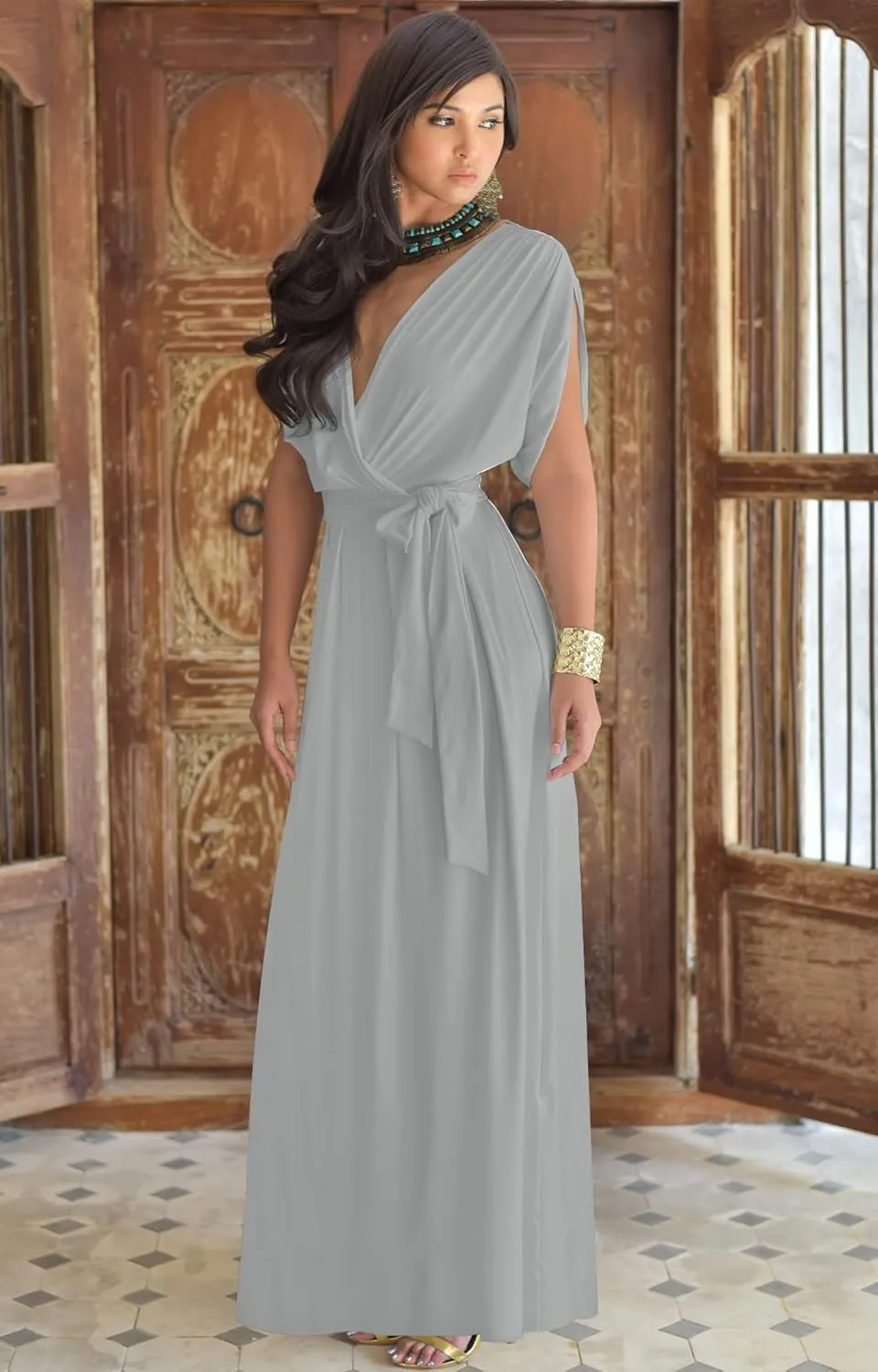 KOH KOH Womens Long Semi-Formal Short Sleeve V-Neck Floor Length Maxi Dress Gown