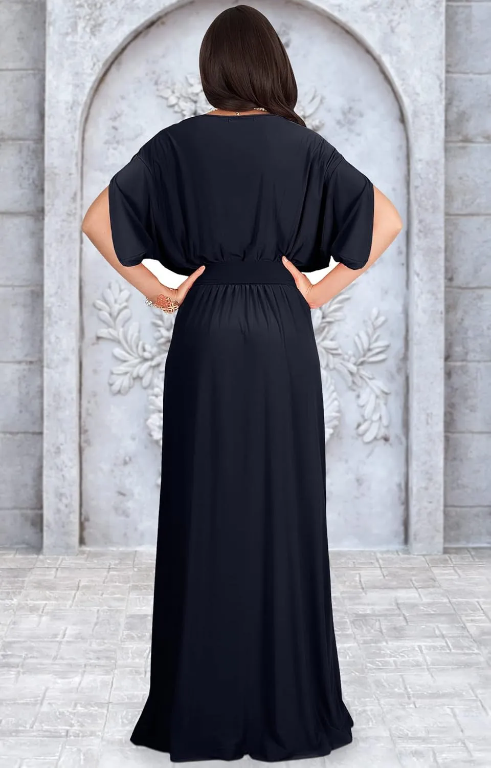 KOH KOH Womens Long Semi-Formal Short Sleeve V-Neck Floor Length Maxi Dress Gown